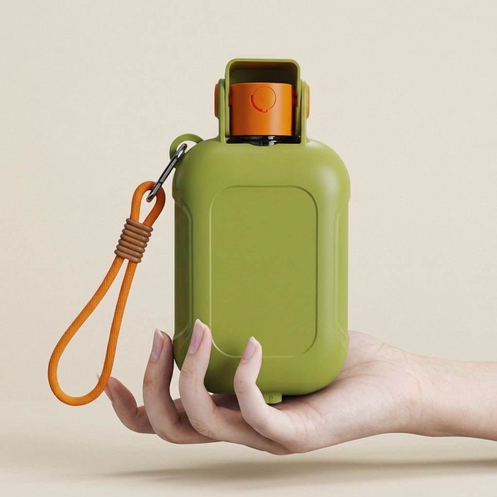 Botella de viaje PASEO para mascotas, color oliva con detalle naranja