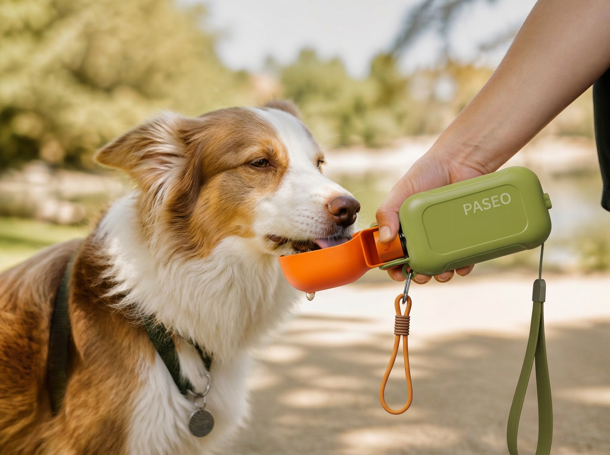 Un perro bebiendo agua de la botella PASEO en un parque